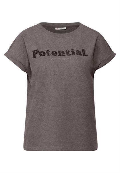 T-Shirt mit Bouclé Wording dark nomad brown mel.