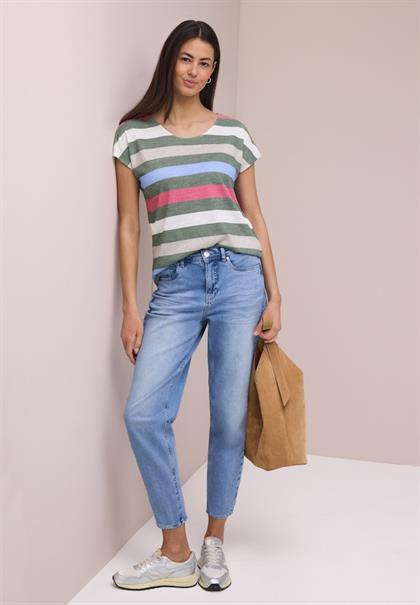 T-Shirt mit gerundetem V-Neck und Streifen bound green