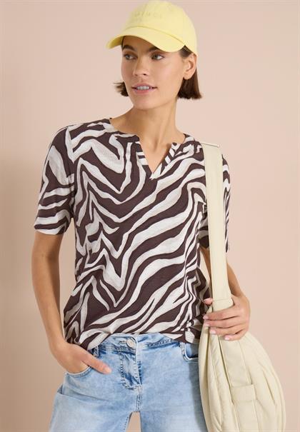 T-Shirt mit Split Neck mit Print brown cacao