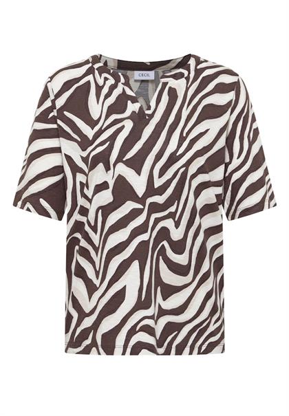 T-Shirt mit Split Neck mit Print brown cacao