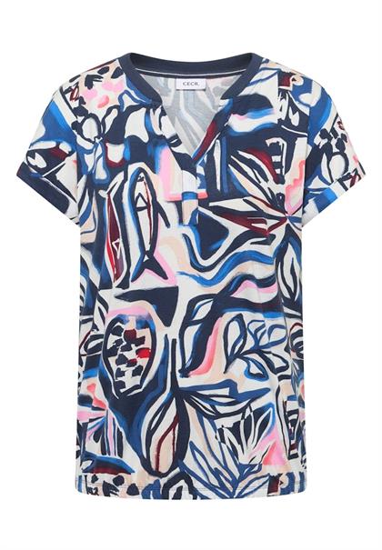 T-Shirt mit Split Neck und Grafikprint universal blue