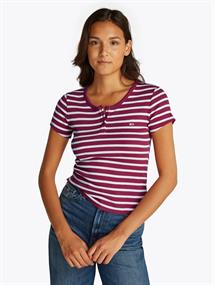TJW SLIM BUTTON RIB C-NECK SS brilliant berry - stripe