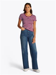 TJW SLIM BUTTON RIB C-NECK SS brilliant berry - stripe