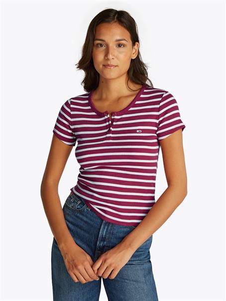 TJW SLIM BUTTON RIB C-NECK SS brilliant berry - stripe
