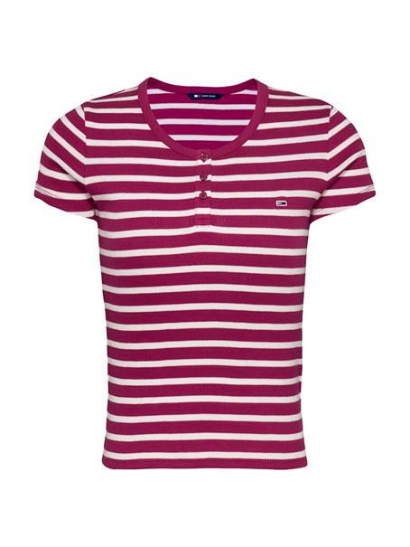 TJW SLIM BUTTON RIB C-NECK SS brilliant berry - stripe