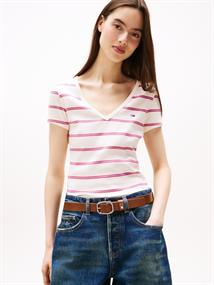 TJW SLIM ESSENTIAL RIB V SS ancient white - cerise stripe