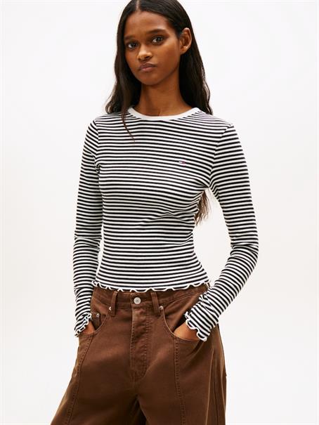TJW SLIM SH LETTUCE EDGE RIB LS black - ecru stripe