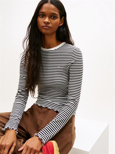 TJW SLIM SH LETTUCE EDGE RIB LS black - ecru stripe