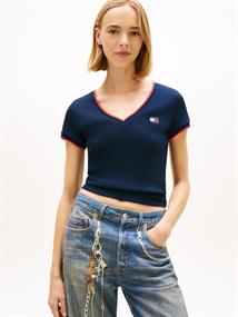 Tommy Badge Low V-Neck Slim T-Shirt dark night navy
