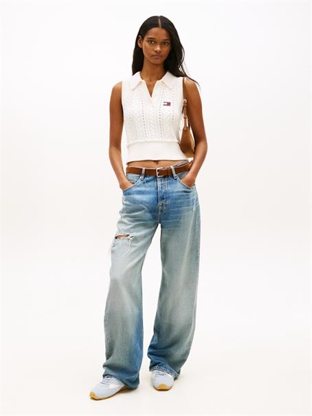 Tommy Badge Washed Cable Knit Polo Jumper ancient white