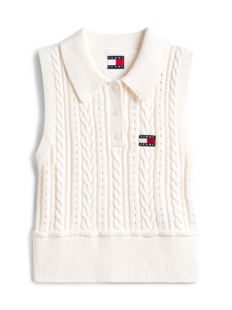 Tommy Badge Washed Cable Knit Polo Jumper ancient white