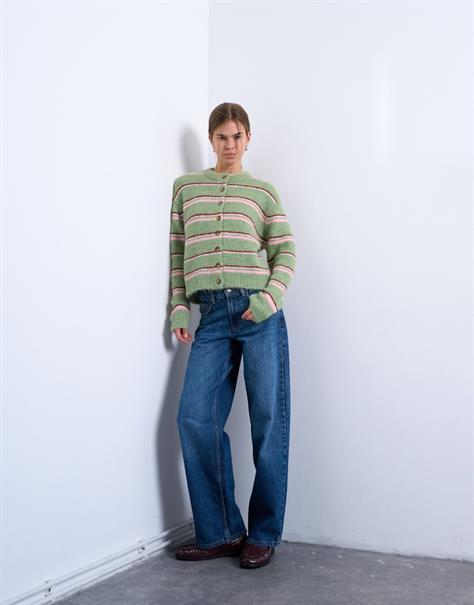 TSCARO STRIPE LS O-NECK CARDIGAN bright green
