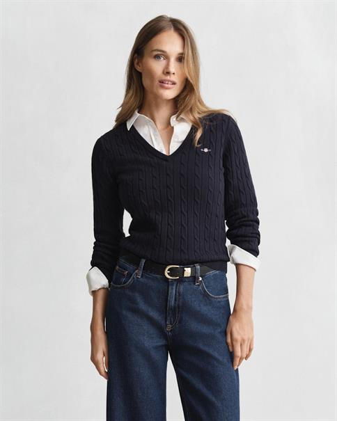 V-Neck Pullover mit Zopfmuster evening blue