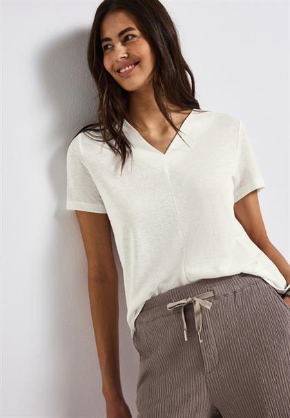 V-Neck Shirt in Leinen-Optik off white
