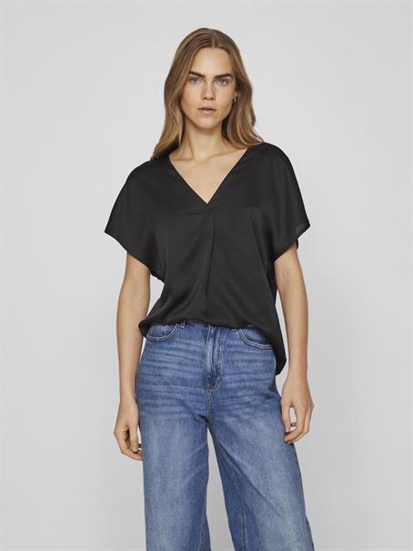 VIELLETTE V-NECK S/S SATIN TOP - NOOS black