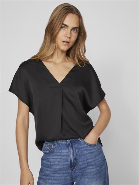 VIELLETTE V-NECK S/S SATIN TOP - NOOS black