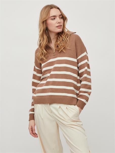 VISUZA ZIPPER L/S STRIPE KNIT TOP/LD portabella