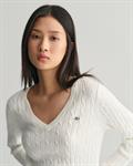 Zopfstrick V-Neck Pullover aus Stretch-Baumwolle eggshell