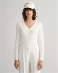 Zopfstrick V-Neck Pullover aus Stretch-Baumwolle eggshell