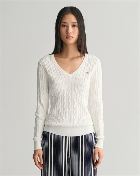 Zopfstrick V-Neck Pullover aus Stretch-Baumwolle eggshell