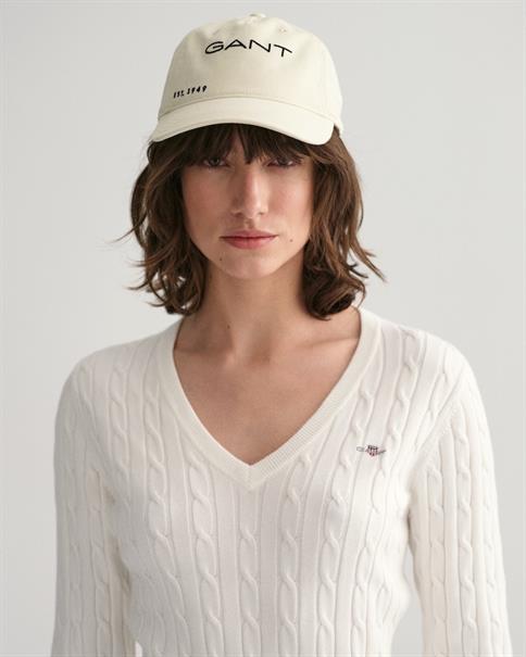 Zopfstrick V-Neck Pullover aus Stretch-Baumwolle eggshell