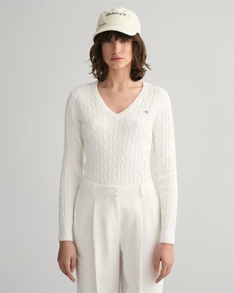 Zopfstrick V-Neck Pullover aus Stretch-Baumwolle eggshell